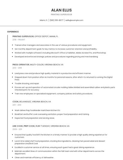 Printing Supervisor Resume
