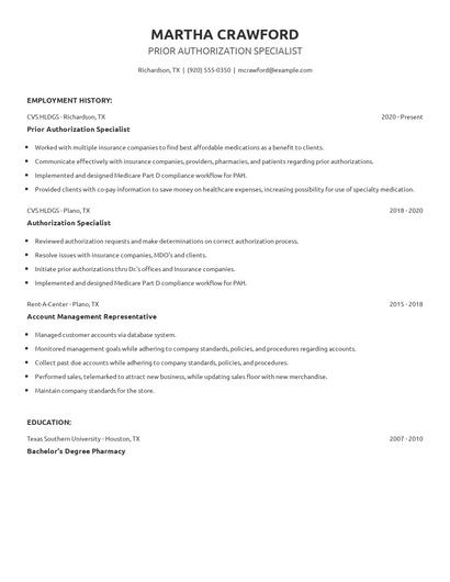 Prior Authorization Specialist Resume