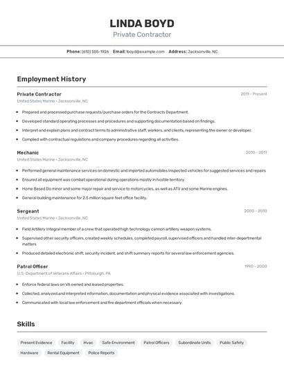 Private Contractor Resume