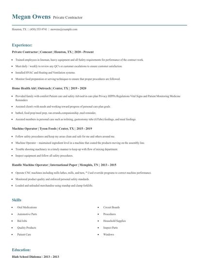 Private Contractor Resume