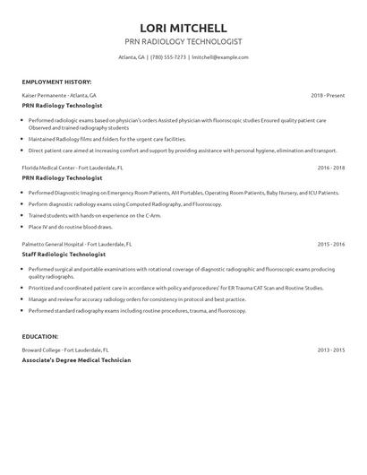 PRN Radiology Technologist Resume