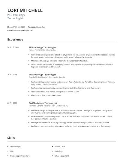 PRN Radiology Technologist Resume