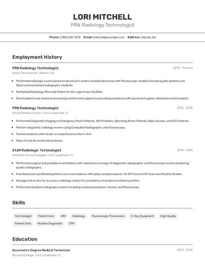 PRN Radiology Technologist Resume