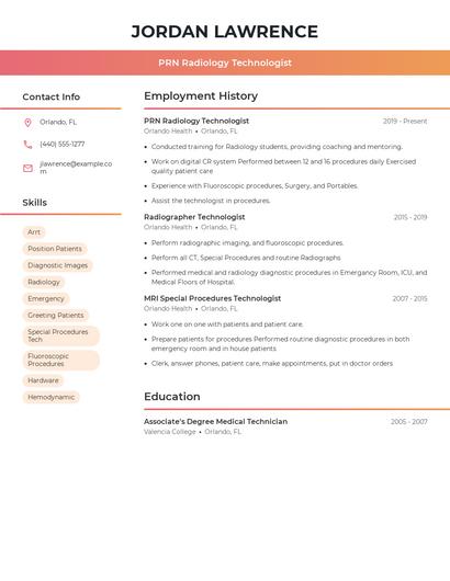 PRN Radiology Technologist Resume
