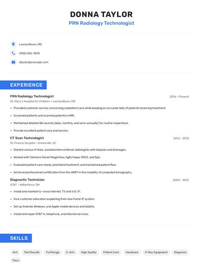 PRN Radiology Technologist Resume
