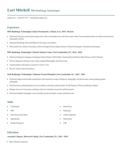 PRN Radiology Technologist Resume