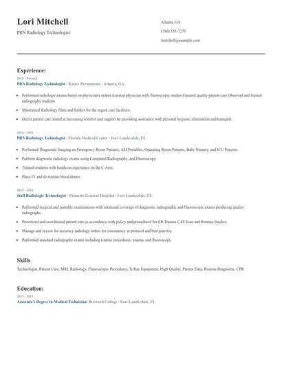 PRN Radiology Technologist Resume