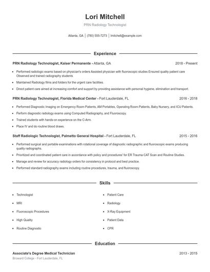 PRN Radiology Technologist Resume