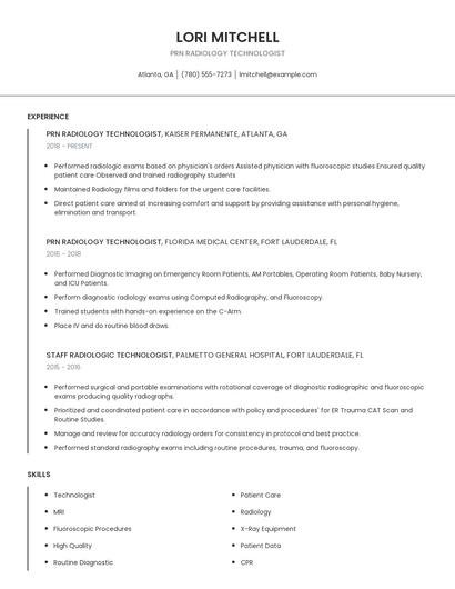 PRN Radiology Technologist Resume