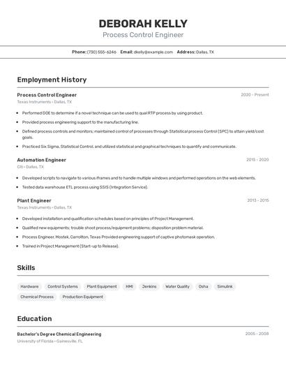 Process Control Engineer Resume