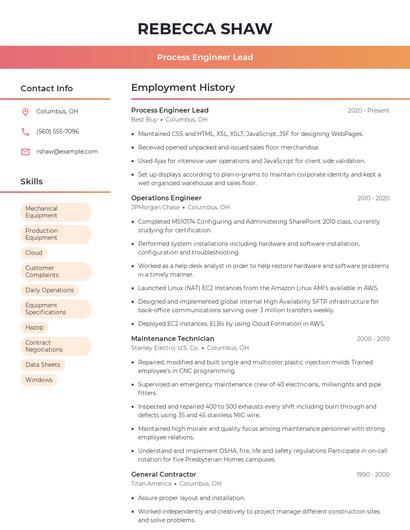 Process Engineer Lead Resume
