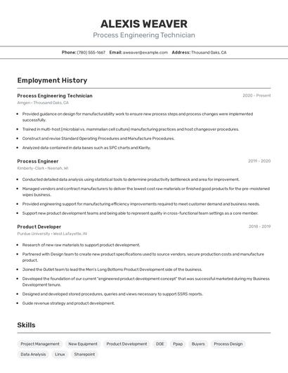 Process Engineering Technician Resume