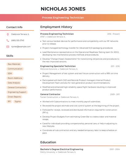 Process Engineering Technician Resume