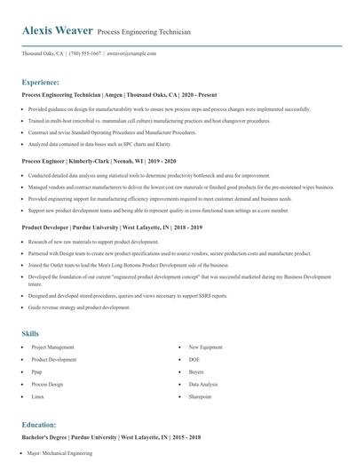 Process Engineering Technician Resume