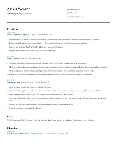 Process Engineering Technician Resume
