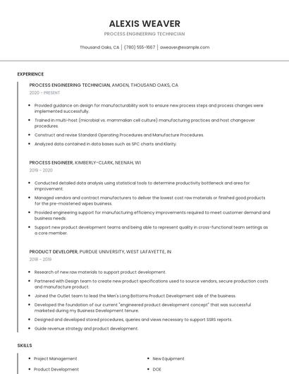 Process Engineering Technician Resume