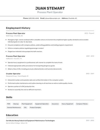 Process Plant Operator Resume