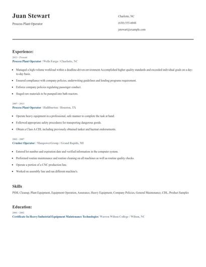 Process Plant Operator Resume