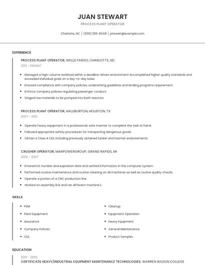 Process Plant Operator Resume