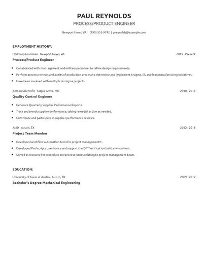 Process/Product Engineer Resume