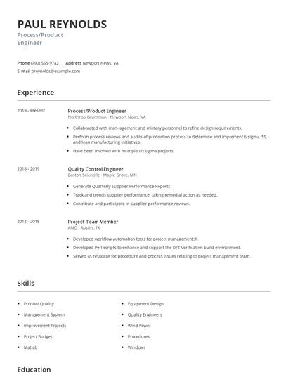 Process/Product Engineer Resume