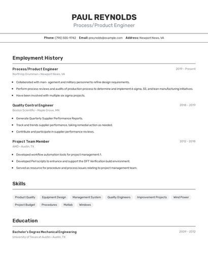 Process/Product Engineer Resume