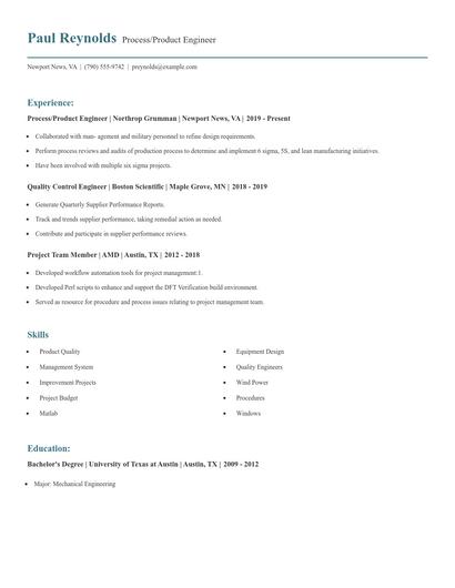 Process/Product Engineer Resume