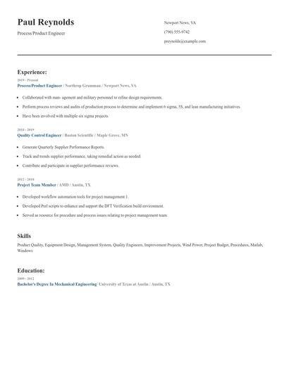 Process/Product Engineer Resume