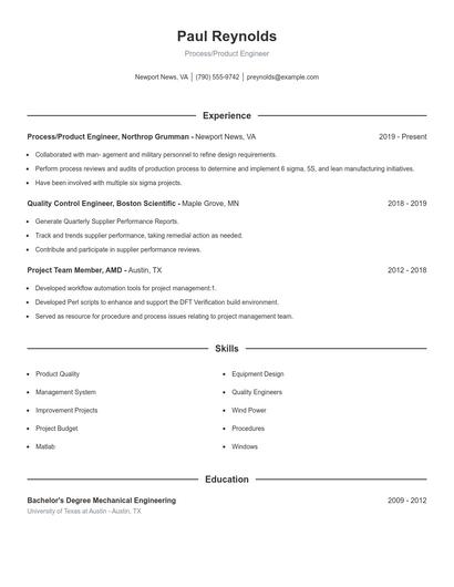 Process/Product Engineer Resume