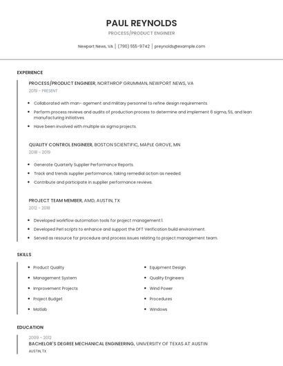 Process/Product Engineer Resume