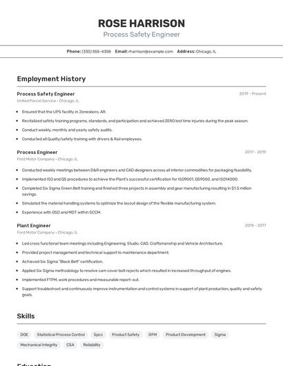 Process Safety Engineer Resume