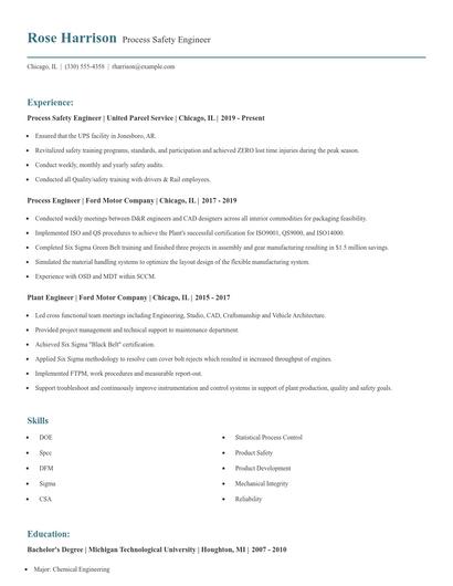 Process Safety Engineer Resume