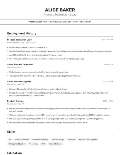 Process Technician Lead Resume