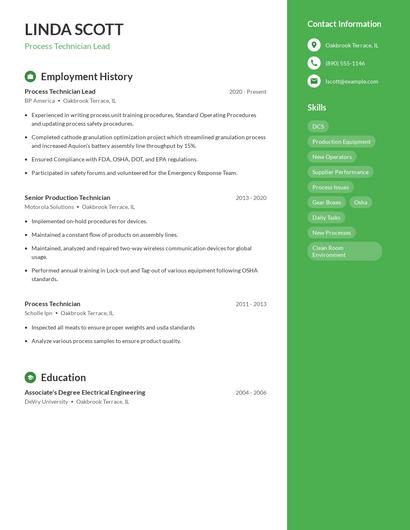Process Technician Lead Resume