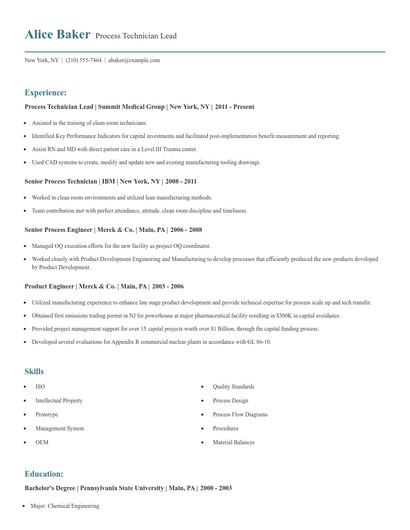 Process Technician Lead Resume