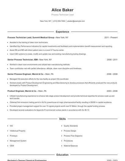 Process Technician Lead Resume