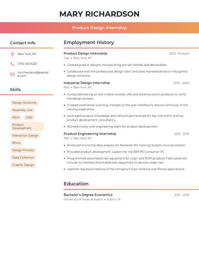 Product Design Internship Resume