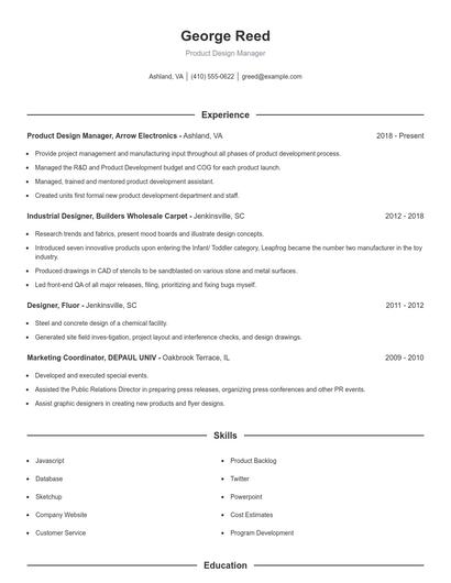 Product Design Manager Resume