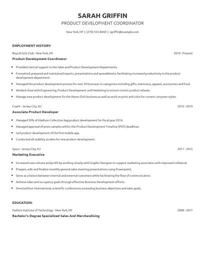 Product Development Coordinator Resume