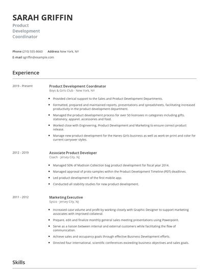 Product Development Coordinator Resume