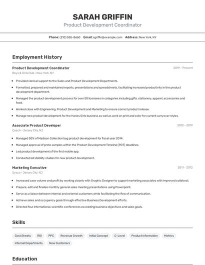 Product Development Coordinator Resume