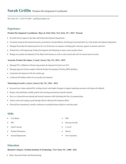 Product Development Coordinator Resume