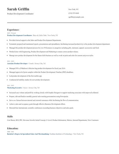 Product Development Coordinator Resume