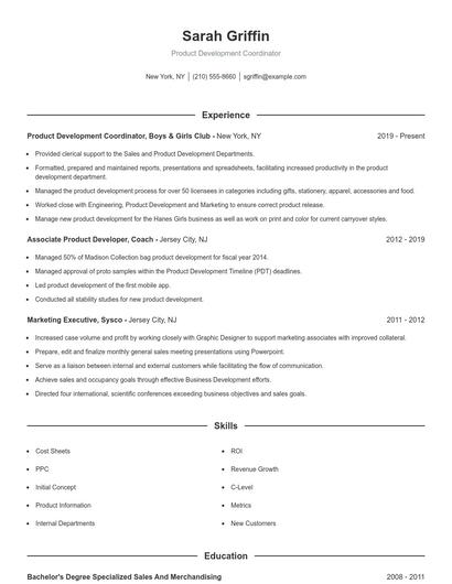 Product Development Coordinator Resume
