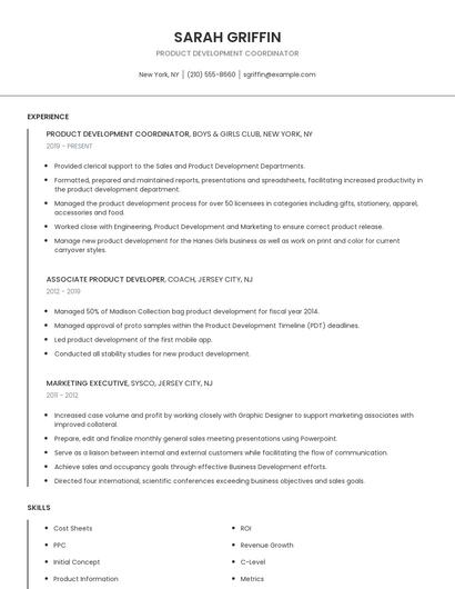 Product Development Coordinator Resume