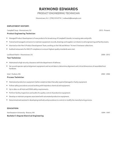 Product Engineering Technician Resume