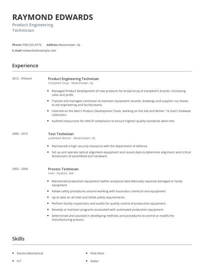Product Engineering Technician Resume