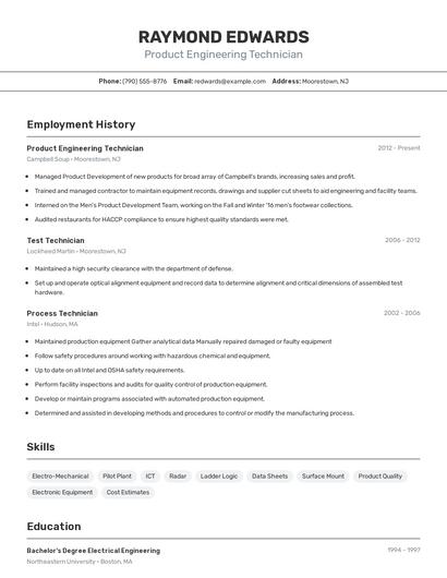 Product Engineering Technician Resume