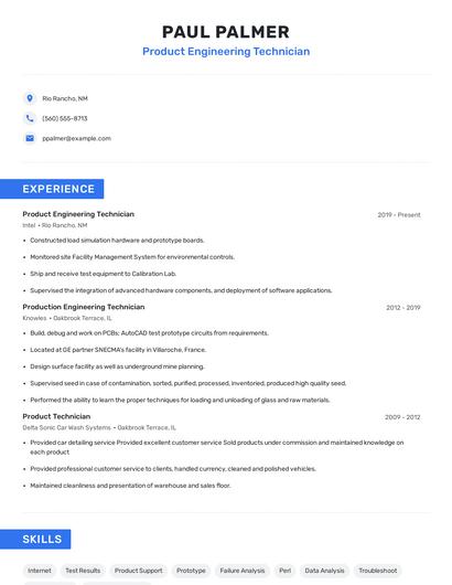 Product Engineering Technician Resume