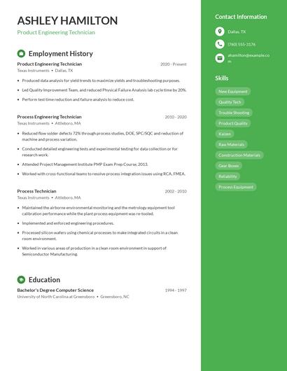 Product Engineering Technician Resume